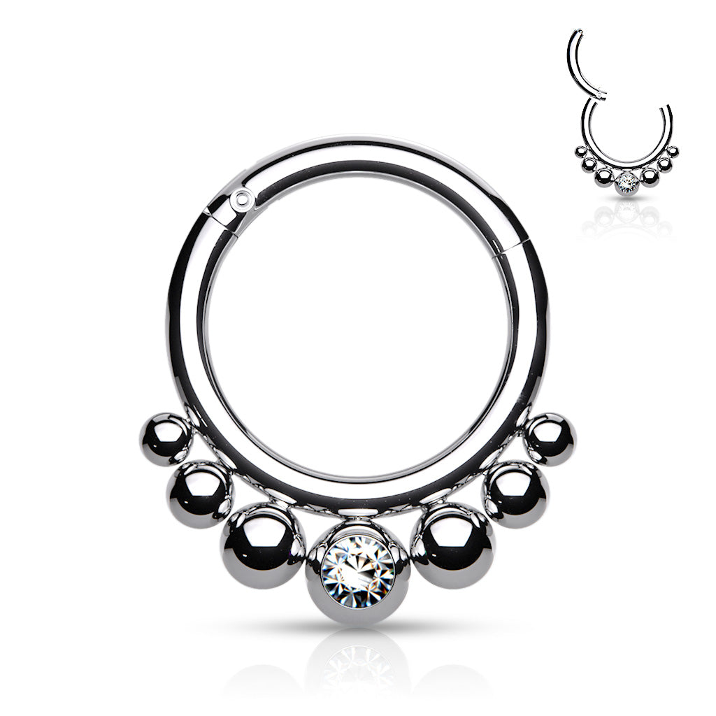 16G Surgical Steel Segment Hoop W/ Graduated Balls and Bezel Set Crystal Center (8mm)